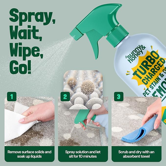 Sunny & Honey Carpet Cleaner Spray - 32 Fl Oz, Spring Mint - 40% More Enzymes & Carpet Stain Remover - Pet Urine Enzyme Cleaner & Floor Deodorizer - Pet & Kid Safe Rug Cleaner