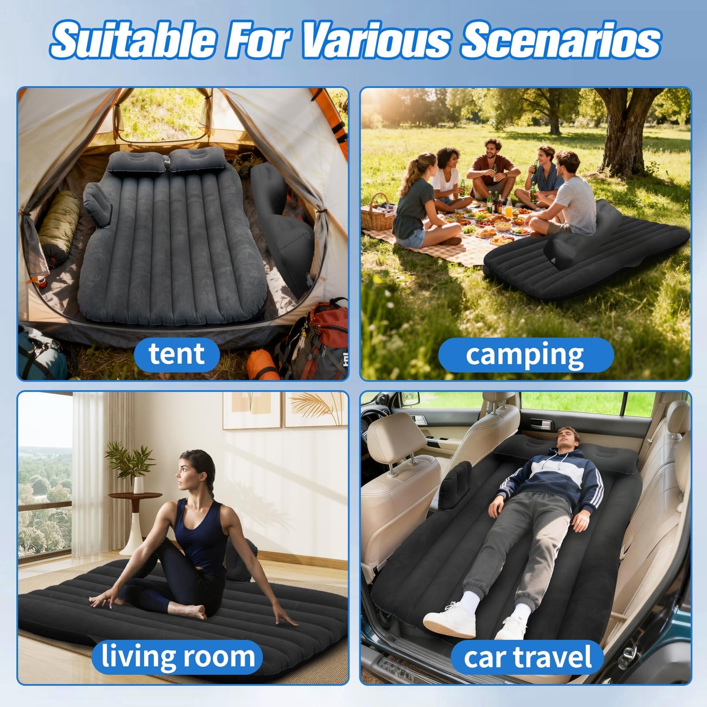 Onirii Inflatable Car Air Mattress Back Seat Bed with Air Pump,55" (L) x 35" (W) Portable Thickened Car Travel Camping Sleeping Air Mattress Blow Up Bed for Mid-Size,Full-Size Car SUV