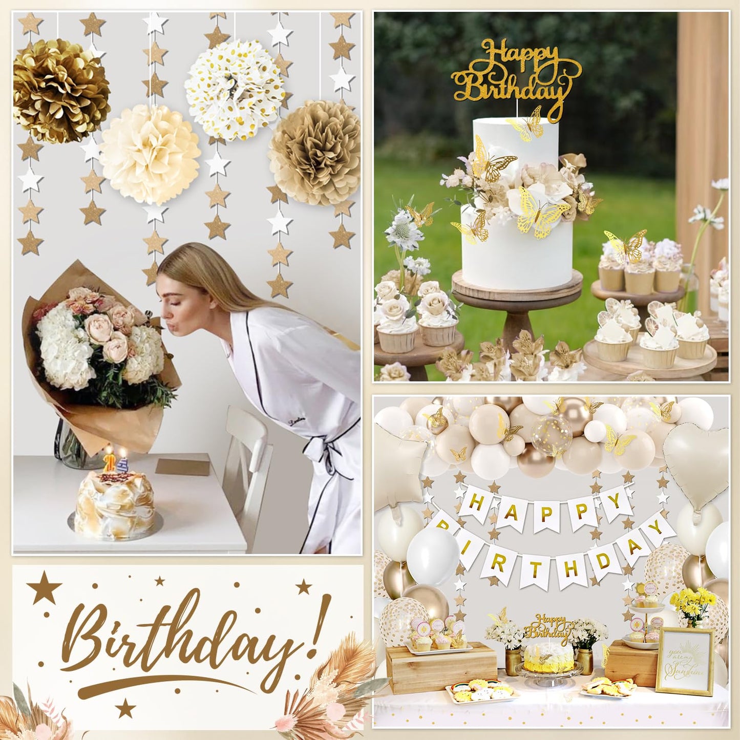 Birthday Decorations for Women, Golden Birthday Party Decorations, White Sand Beige Gold Balloons Tablecloth Birthday Sash Crown Fringe Curtain Butterfly Decor Gold Party Decor for Women Girls Bday