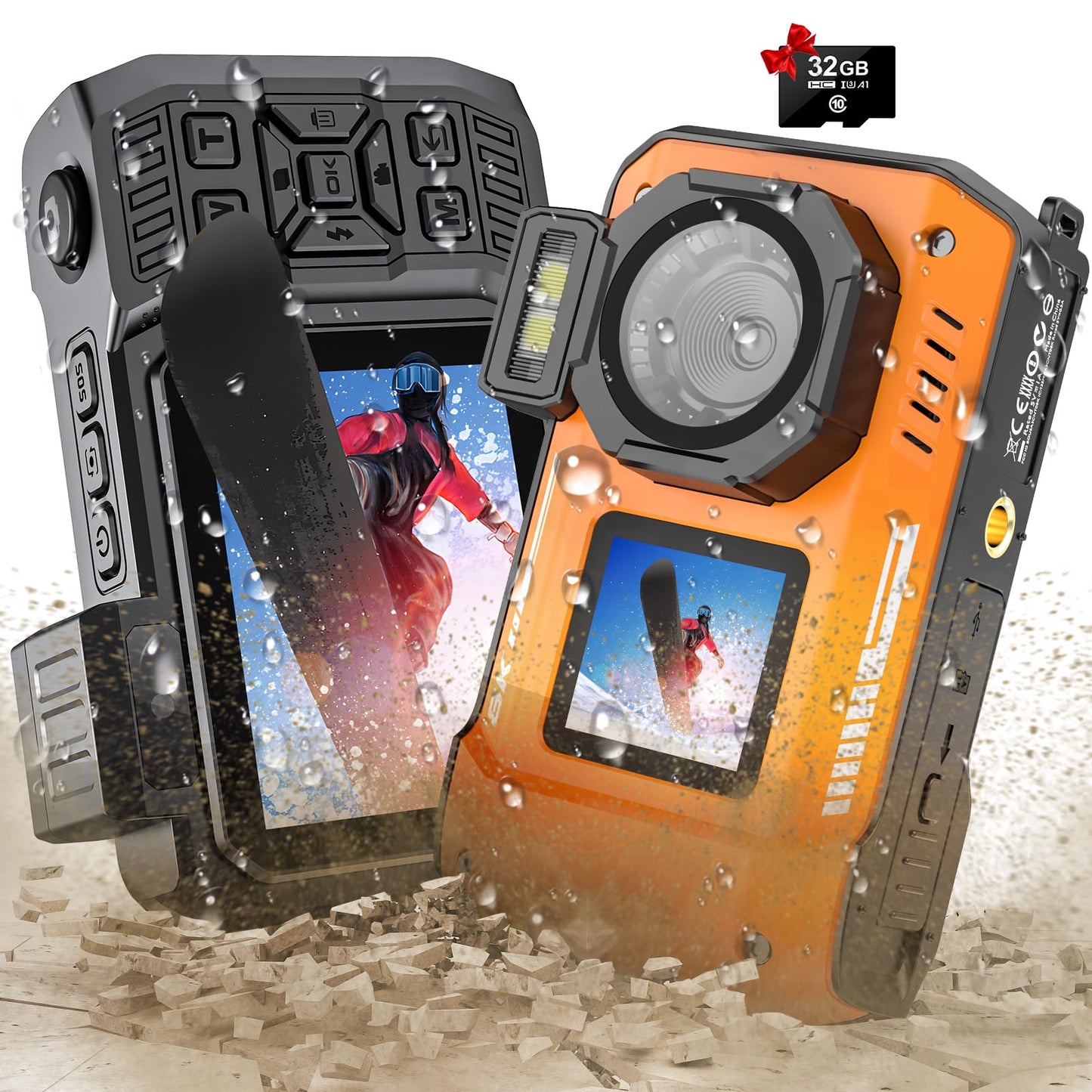 tupsio 8K UHD 70MP Digital Camera with 32GB Card Rugged Waterproof Dustproof Shockproof 33FT Underwater Camera Dual-Screen Selfie for Snorkeling Autofocus Point and Shoot Digital Camera (Orange)-New