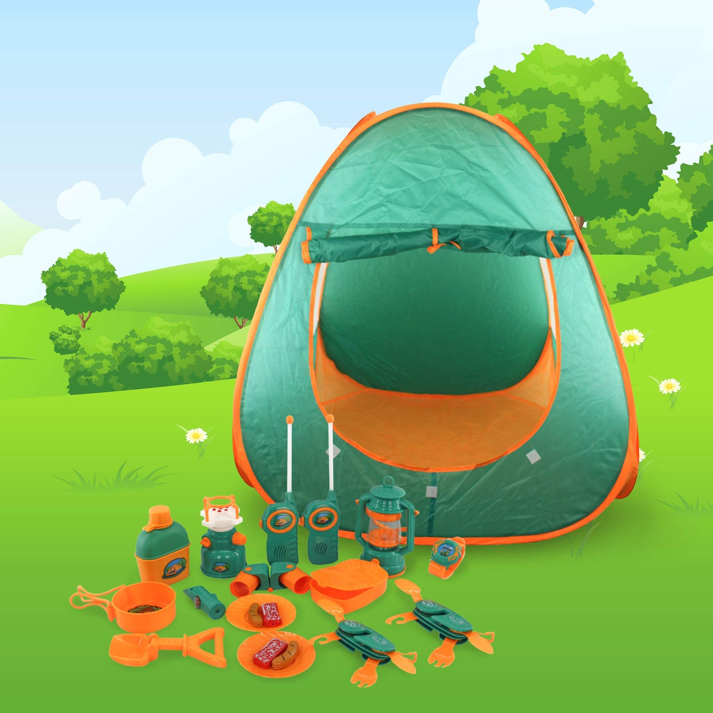 PicassoTiles PTC20 20 Piece Camping Gear Tools Adventure Set Including Walkie Talkie, Camping Tent, Binoculars, Watch, Compass & Whistle, Stove, and Other Camp Tools