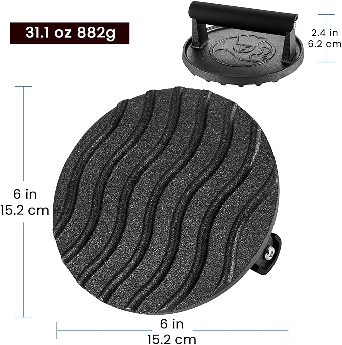 Smash Burger Press for Griddle, 2 lb Heavy Duty Burger Smasher Tool with Heat-Resistant Handle, Premium Cast Iron Bacon & Sandwich Maker, Hamburger Press for BBQ Grilling Accessories, 5-Year Warranty