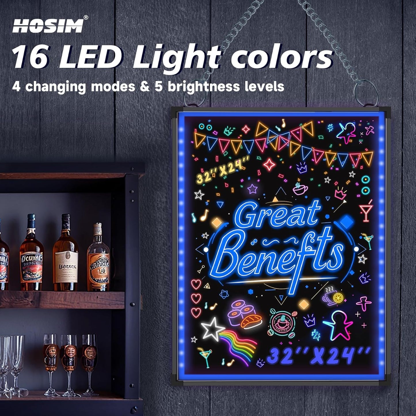 Hosim LED Message Writing Board, 16"X 12" Illuminated Erasable Neon Effect Restaurant Menu Sign with 8 Colors Markers, 7 Colors Flashing Mode DIY Message Chalkboard for Kitchen Wedding Promotions