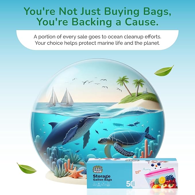 J&&J Fresh Gallon Zipper Bags, 50 Pack ā Reusable, BPA-Free, Leakproof ā Expandable Bottom, Microwave-Safe, Strong Zipper Lock Seal ā For Meat, Veggies, Soup, Freezer & Fridge ā Durable & Washable