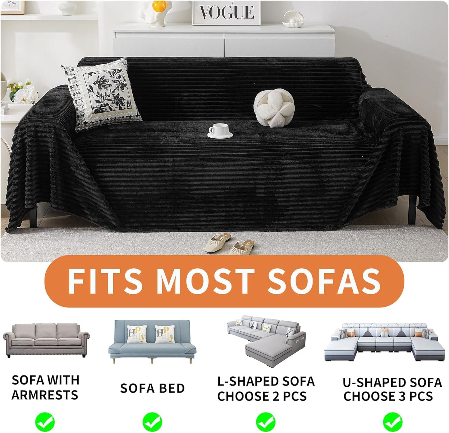 HAOMAIJIA Faux Fur Sofa Covers Couch Covers for 2 Cushion Couch Sofa Pet Friendly Soft Non Slip Couch Cover for Dogs Washable Sectional Couch Covers L Shape Furniture Protector (Black, 91"x118")