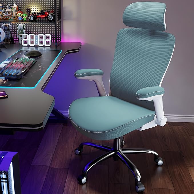 Office Home Ergonomic Desk Chair-Computer X-Shaped Chair Mesh PU Leather with Adjustable Lumbar Support-Executive Chair High Back with Headrest Flip-Up Arms for Long Hours (Sky Blue)