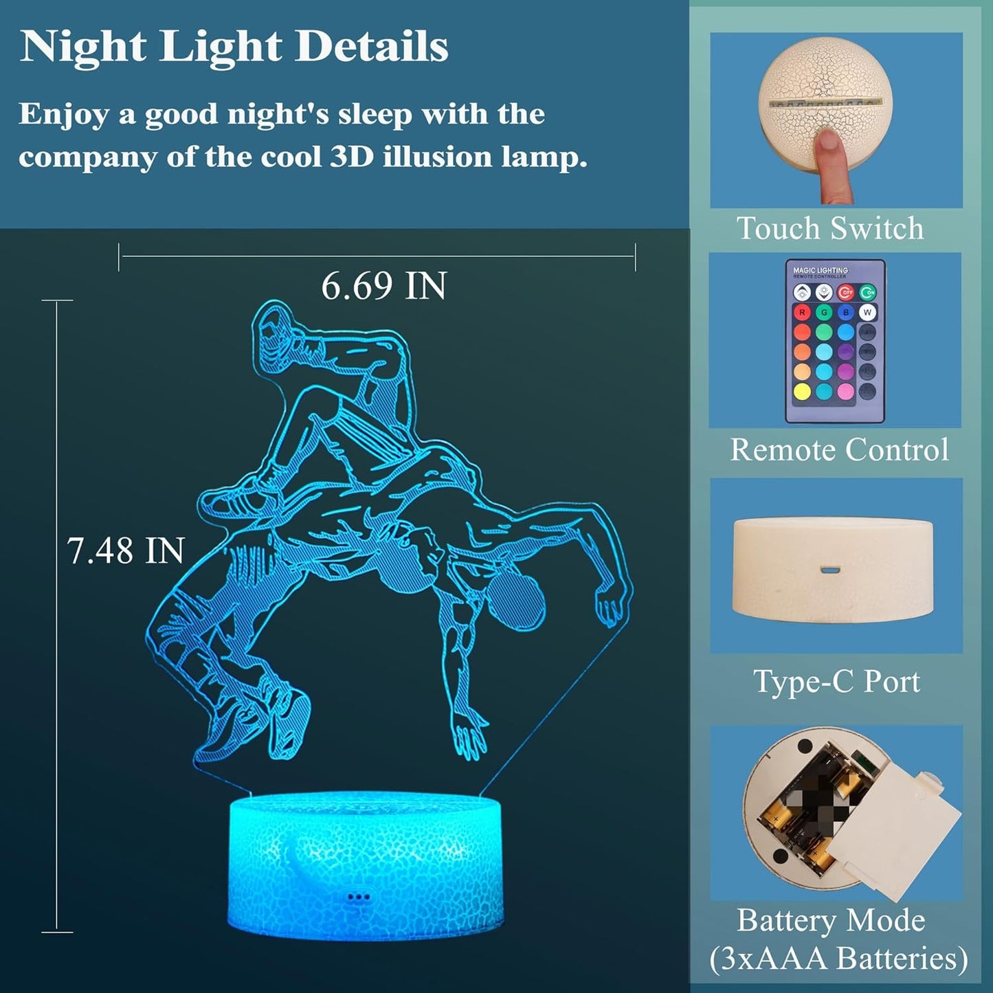 Wrestling Night Light, Wrestler Gifts, Wrestler 3D Illusion Lamp with 16 Colors Changing, Remote Control and Dimmable, Kids Boys Girls Room Decoration, Holiday Xmas Gifts