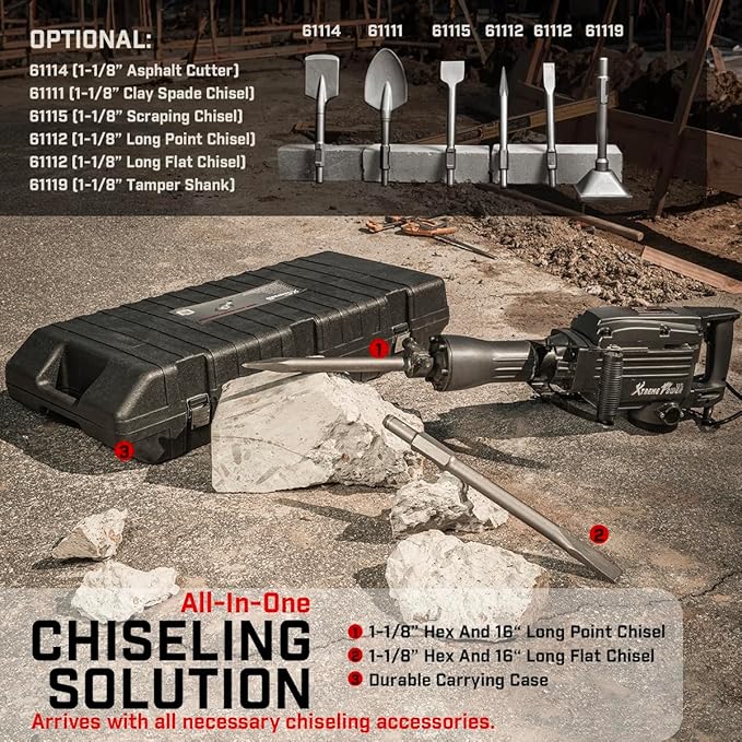 XtremepowerUS Pro-Series 2200W Demolition Electric Jack Hammer Concrete Breaker Power w/Flat Chisel and Point Chisel Bit with Carrying Case