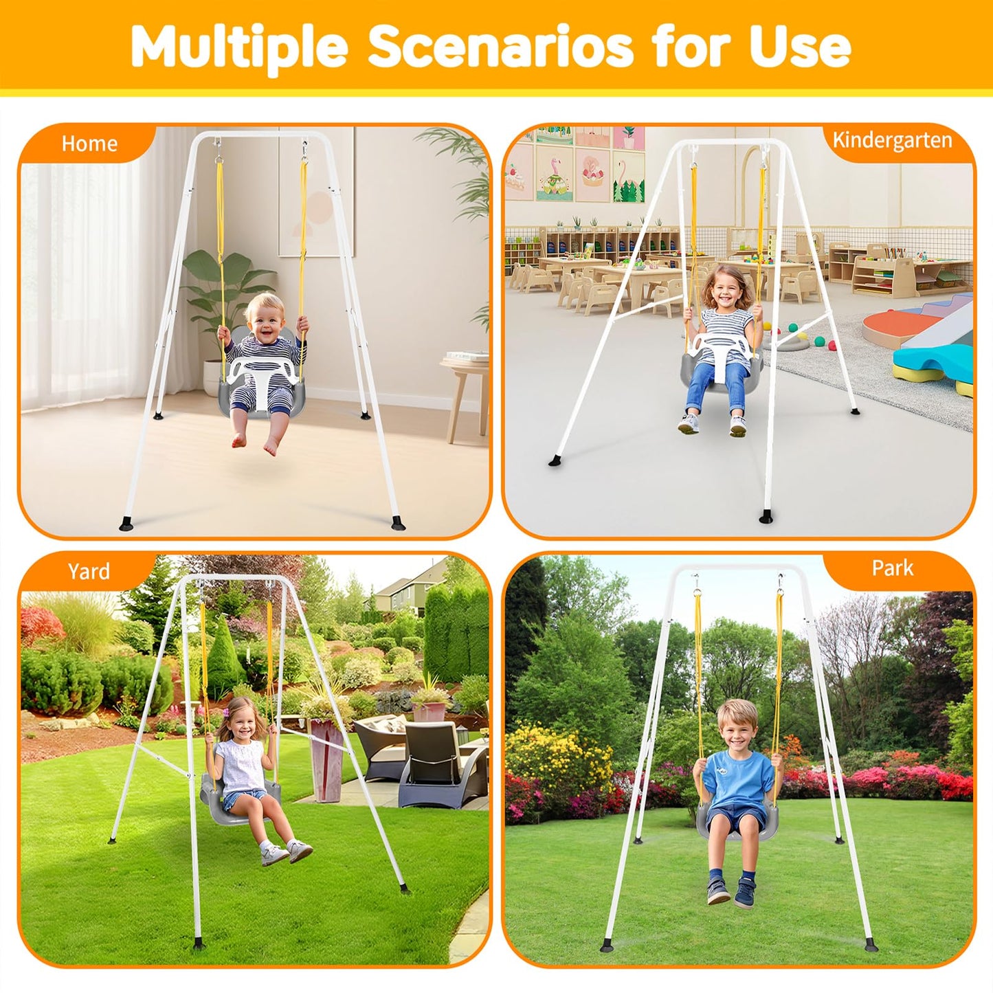 3-in-1 Toddler Swing Set, Foldable Baby Swing with Stand, Indoor & Outdoor Kids Swings Sets, Multifunctional Swings for Home Backyard, Easy to Install and Store (White)