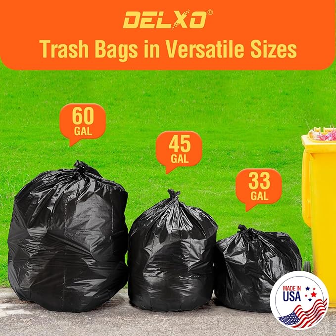 Delxo 30-33 Gallon Trash Bags, 250 Count – Medium Duty Garbage Bags, Thick, Durable & Puncture-Resistant Plastic Bolsas para basura, Perforated Design– Made in USA for Kitchen, Yard, Office (Black)