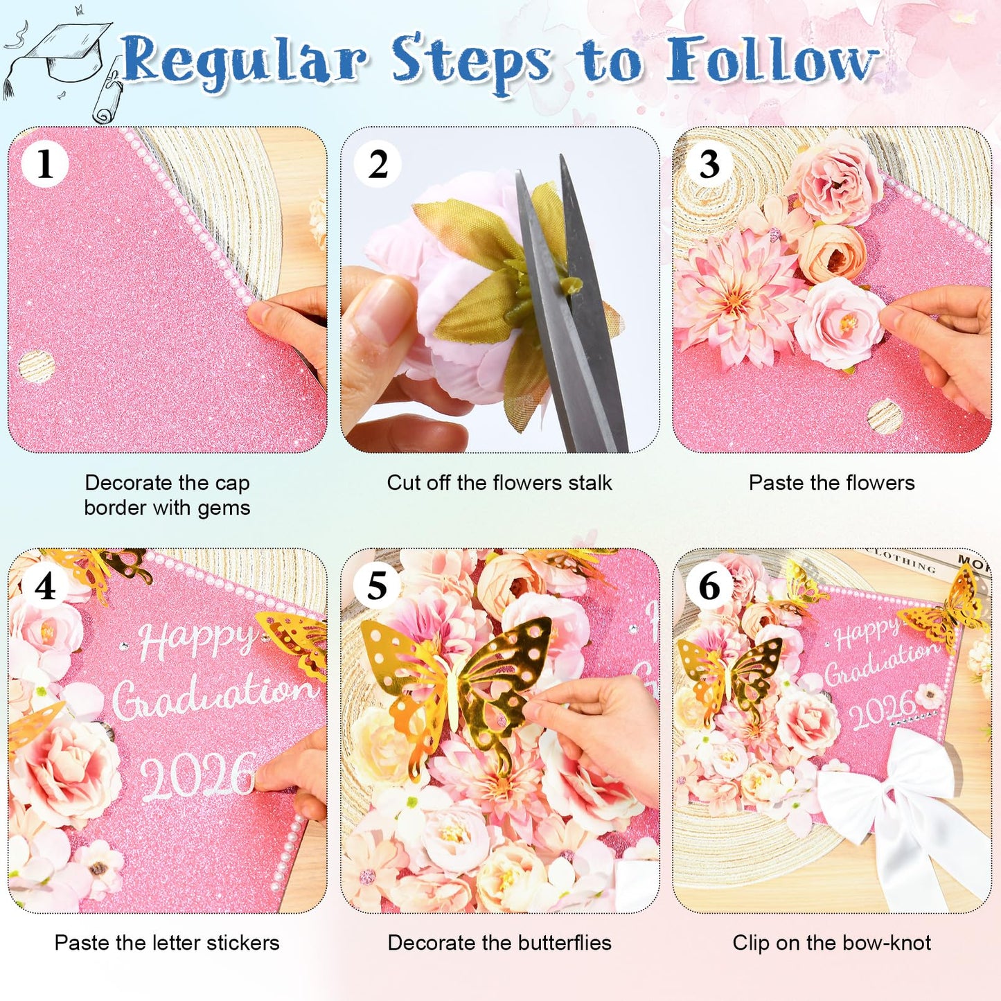 Brikabia Graduation Cap Decorations Kit 2026-39PCS Grad Cap Decorations for Graduation with Faux Flowers, 3D Butterflies, Letter Stickers, Glitter Paper, Satin Hair Bow for DIY Grad Hat Topper