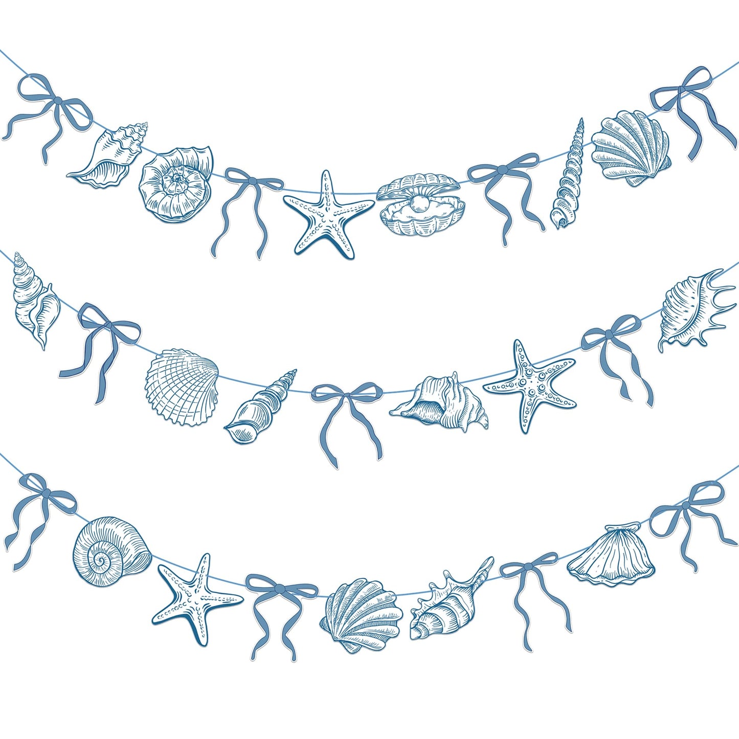 Summer Coastal Beach Party Supplies 3PCS Blue Bow Starfish and Seashell Banners Nautical Party Decor Sea Starfish Seashell Cutout Banner for Baby Shower Wedding Bachelorette Birthday Decorations
