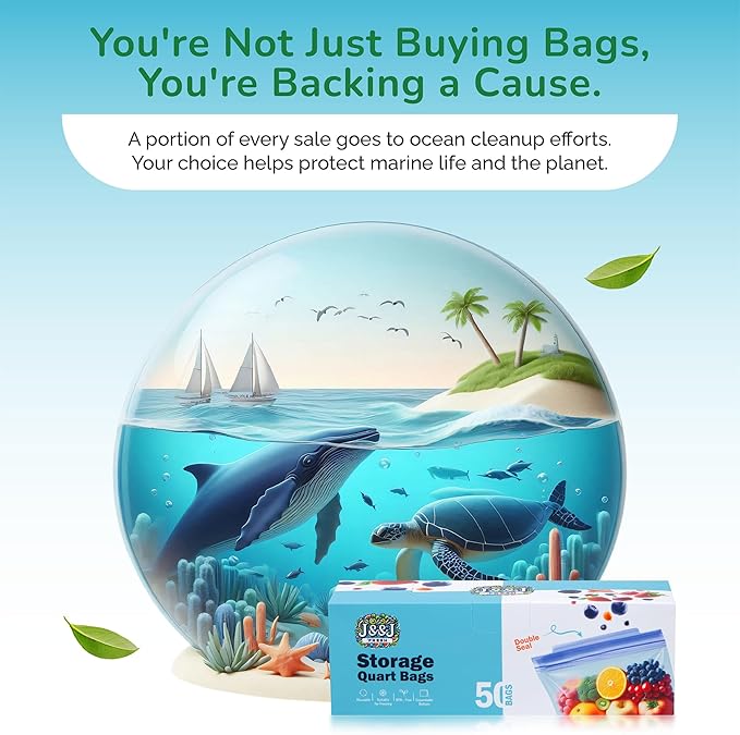 J&&J Fresh Storage Quart Freezer Bags, 50 Pack ā Reusable, BPA-Free, Leakproof ā Expandable Bottom, Microwave-Safe, Strong Zipper Seal ā Quart Bags for Meal Prep & Freezer Storage ā Durable & Washable