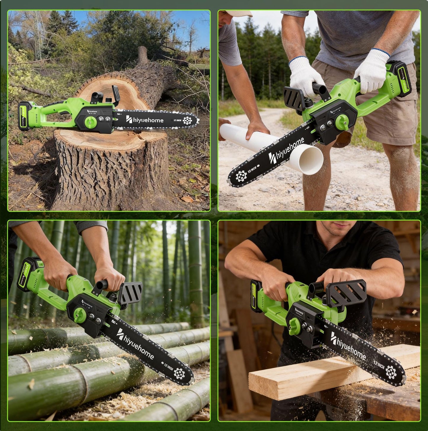 hiyuehome Power Chainsaw 12inch,Chainsaw Cordless w Automatic Oiler, Handheld Electric Power Chain Saw w Security Lock, Brushless Motor,for Wood/Trees Trimming (Green - 2 batteries, 12 INCH)