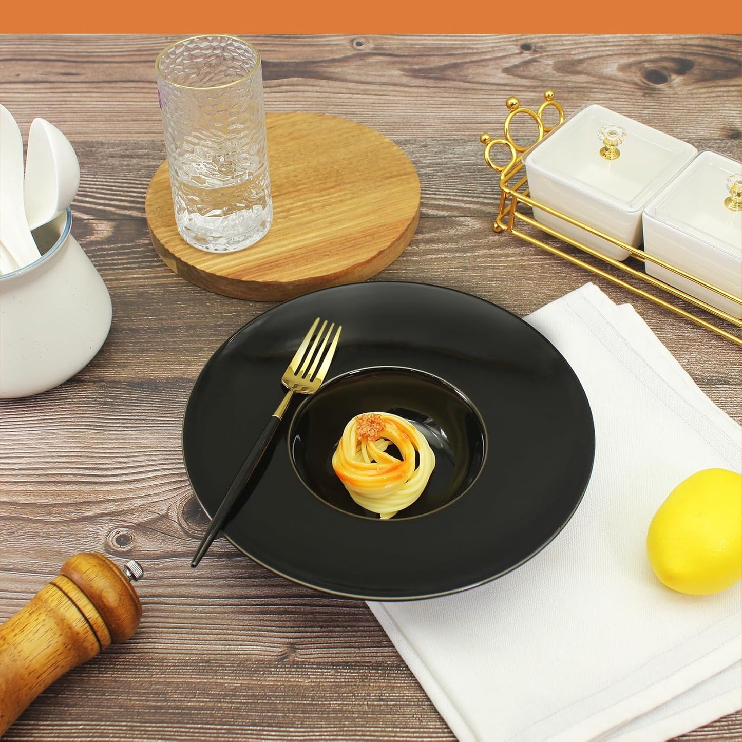 Ceramics Rimmed Soup Bowls 8.6 oz, Black 11 inch Exquisite small soup plate Set of 4, Pasta plates With Rim is the best choice for hotels, kitchens, fine restaurants and gourmets
