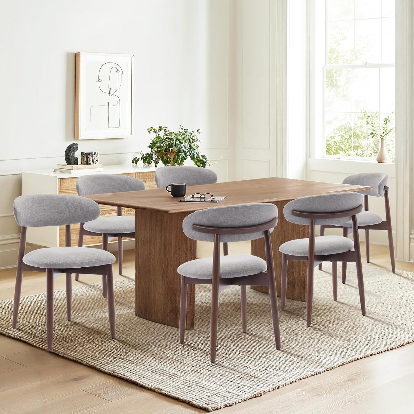 COLAMY Wooden Dining Chairs Set of 4, Modern Fabric Upholstered Kitchen Chairs, Farmhouse Dining Room Chair with Foot Pegs, Light Grey