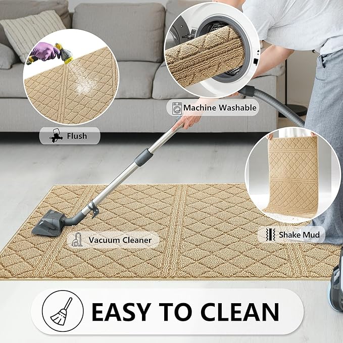 REFETONE Indoor Doormat, Front Back Door Mat 36"x60" Absorbent Rubber Backing Non Slip Door Mats, Low-Profile Resist Dirt Entrance Rugs, Machine Washable Door Rug Inside Floor Mat for Entryway, Beige