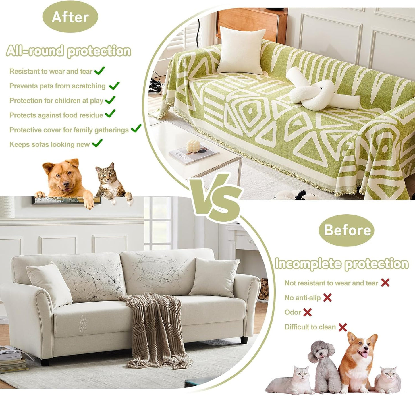 HANDONTIME Green Sofa Covers Chenille Couch Covers Universal Sofa Cover Boho Cover for Sofa 3 Seats Dogs Couch Furniture Protector Couch Cushion Covers Sectional Couch Covers for L Shaped, 91" X150"