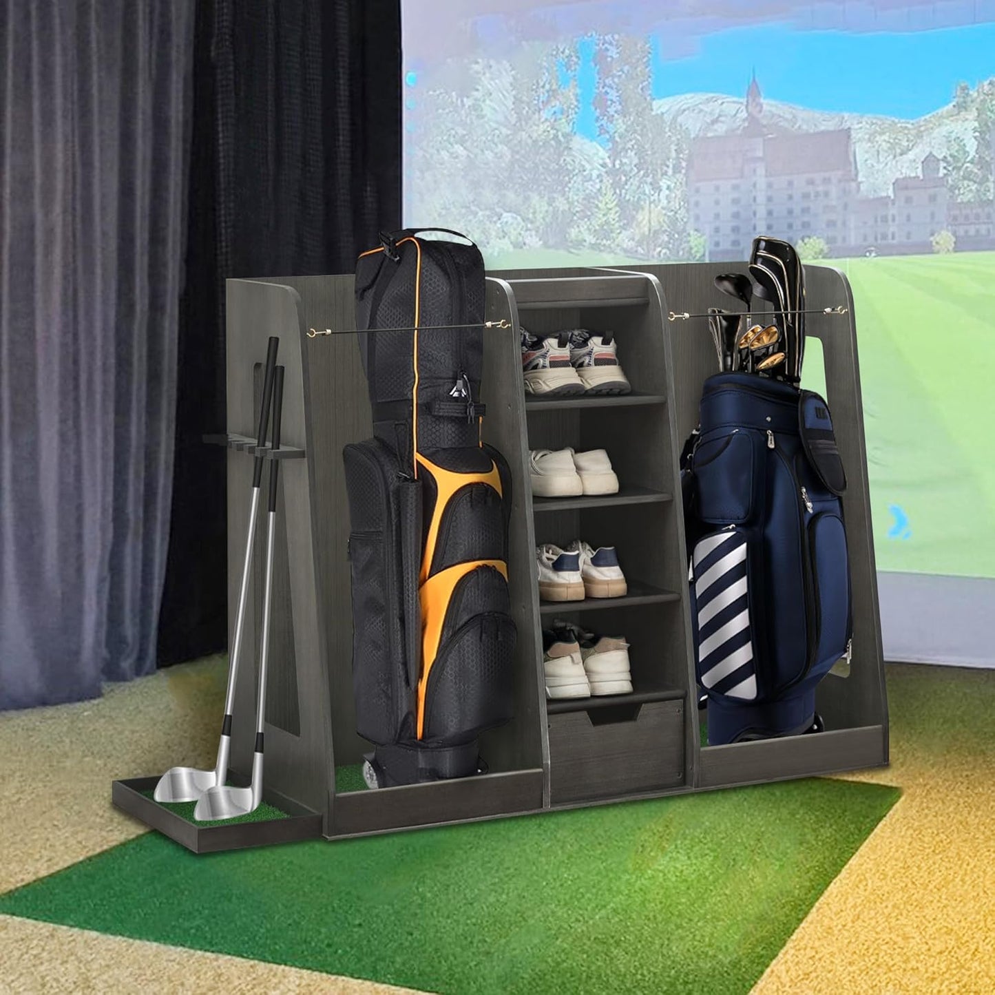 Golf Bag Organizer Storage Rack Stand Holder Fits 2 Extra Large Golf Club Bags and Multiple Golfing Equipment Accessories for Garage Home Simulator and Office