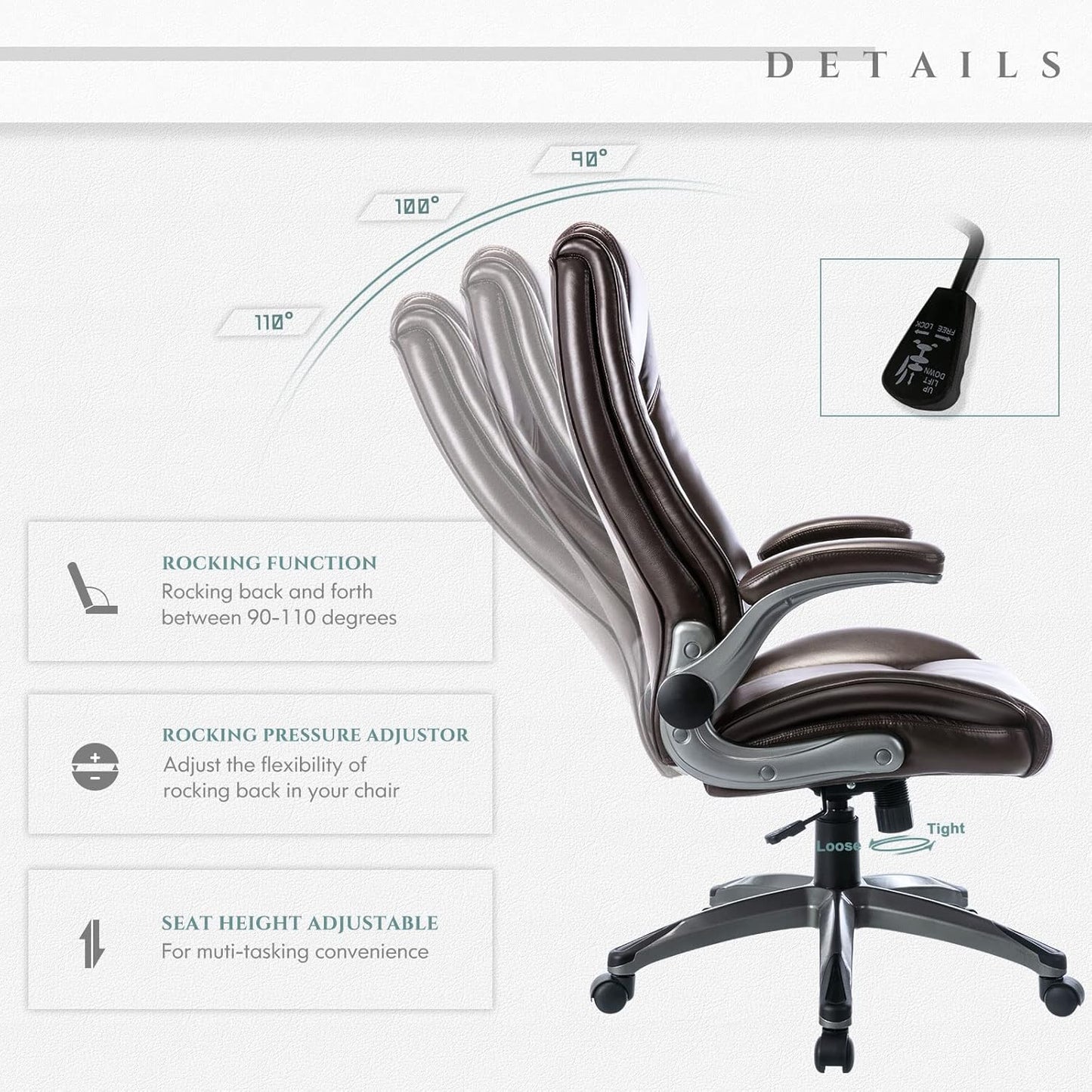 Leather Executive Office Chair - High Back Home Computer Desk Chair with Padded Flip-up Arms, Adjustable Tilt Lock, Swivel Rolling Ergonomic Chair for Adult Working Study, Brown