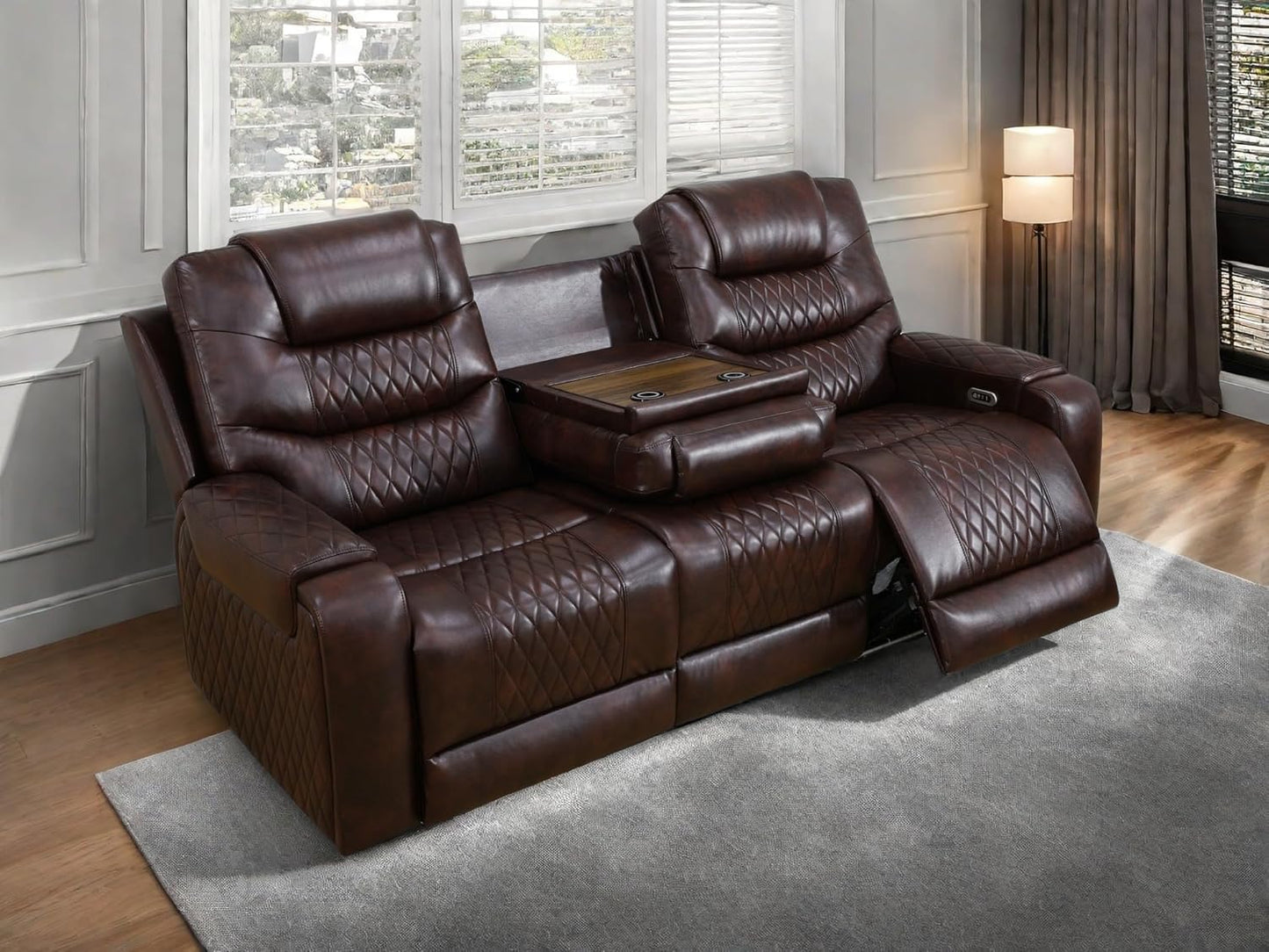 Leather Recliner Sofa Couch, 3-Seater Home Theater Seating Reclining Sofa, Power Reclining Couch with Cup Holders & Drop Down Table for Living Room Furniture Sets, Brown