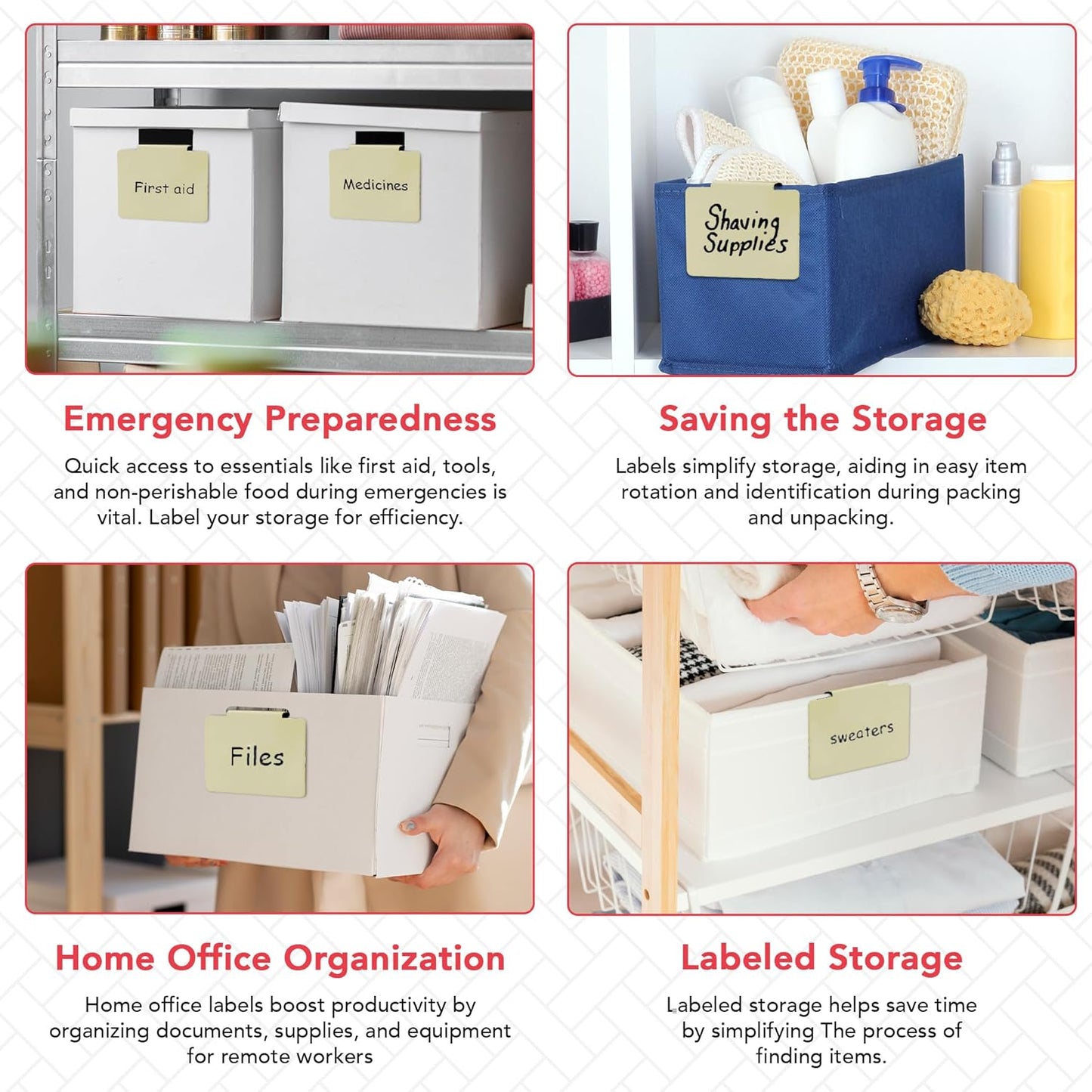 Labels for Storage Bins | Metal Storage Bin Clips (2.5โ x 3.5โ) - Set of 8 Basket Clip On Tags for Storage Bins w/Non-Slip Grip Pads & Dry Erase Marker - Removable Bin Labels for Storage Baskets