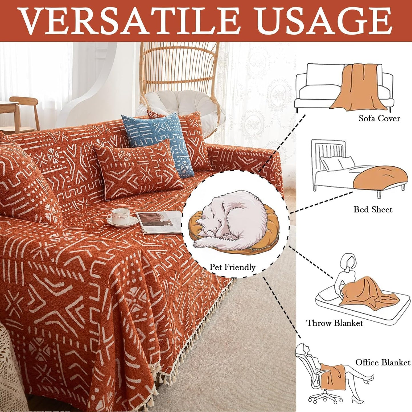 HANDONTIME Boho Aztec Sofa Slipcover for Sofa/Couch Farmhouse Geometric Couch Protector for Dogs with Tassel Brick Orange Couch Covers Sofa Cover for Dogs Cats Kids Bohemian Sofa Dรฉcor, 71" X134"