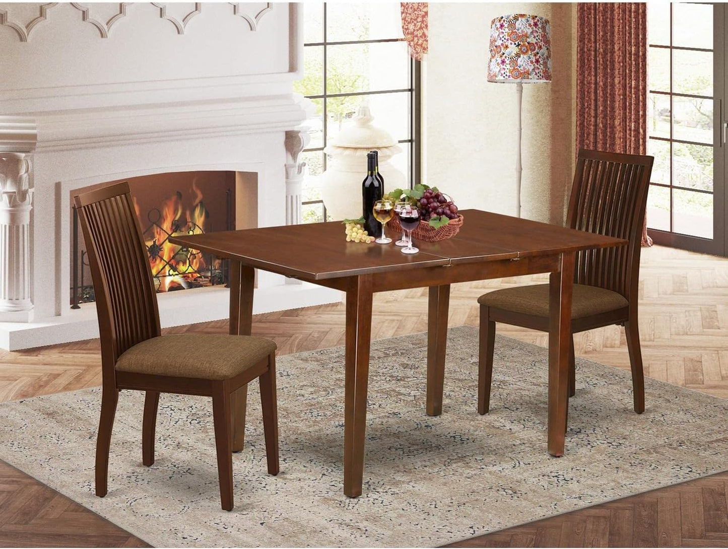 East West Furniture PSIP3-MAH-C 3 Piece Dining Room Table Set Contains a Rectangle Wooden Table with Butterfly Leaf and 2 Linen Fabric Kitchen Dining Chairs, 32x60 Inch, Mahogany