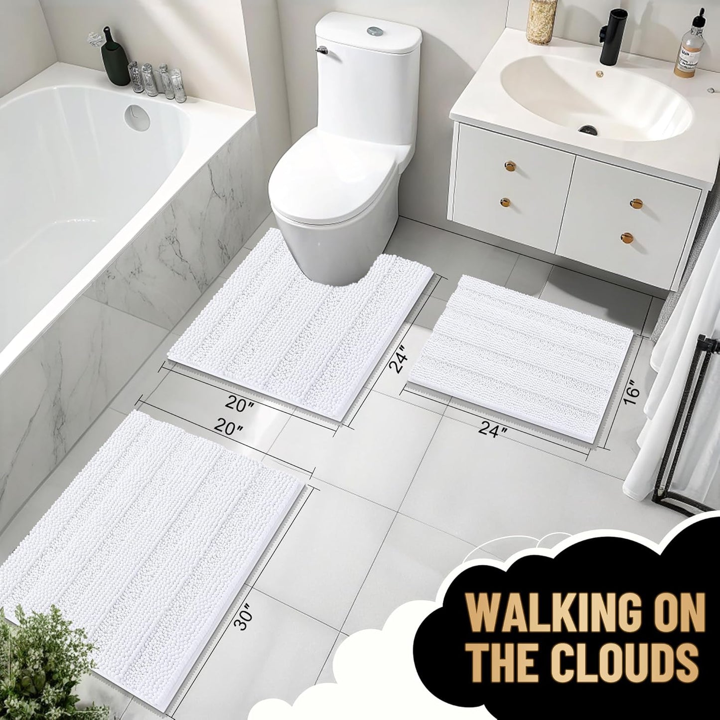 OLANLY Thick Bathroom Rugs 24x16, Extra Soft Absorbent Chenille Striped Bath Rugs, Rubber Backing, Machine Wash Dry, Bath Mats for Bathroom Floor, Tub and Shower, Home Decor Accessories, White