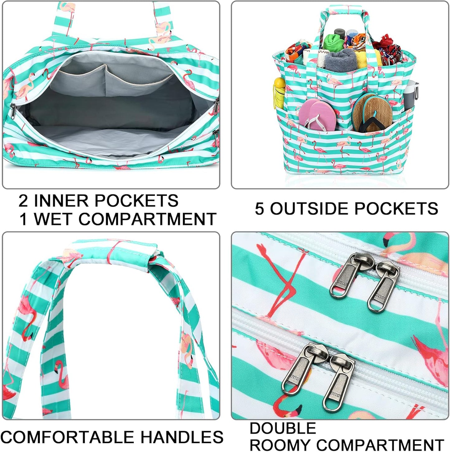 LEDAOU Large Beach Tote Bag Women Waterproof Sandproof Zipper Beach Tote Bag for Pool Gym Grocery Travel with Wet Pocket