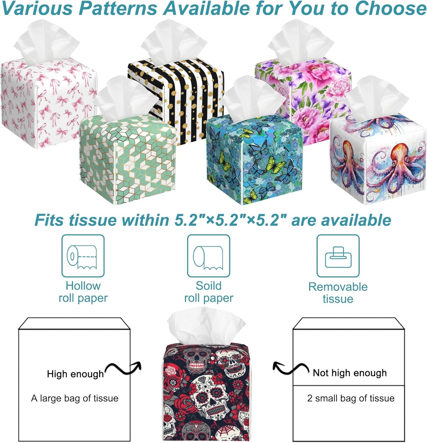 Colorful Sugar Skull Leather Tissue Holder,Red Roses Floral Square Tissue Box Cover,Modern Decorative Facial Tissue Paper Cover for Car Bedroom Vanity Desk Office Table Top,5.2" x 5.2" x 5.2"