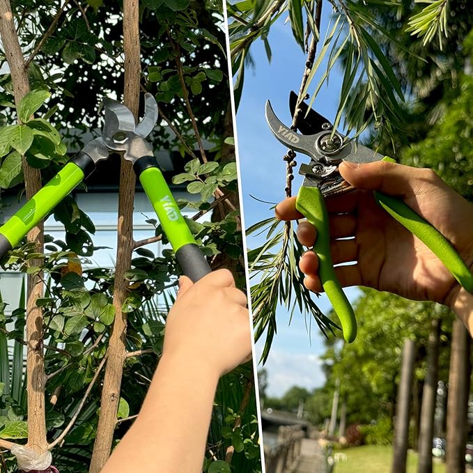 YIAD Garden Shears Set, Pruning Shears & Steel Blade Loppers for Gardening, 1.5-Inch Cutting Capacity Labor Saving Tree Trimmer, Heavy Duty Garden Clippers for Branch, Shrub, Plant, Flowers
