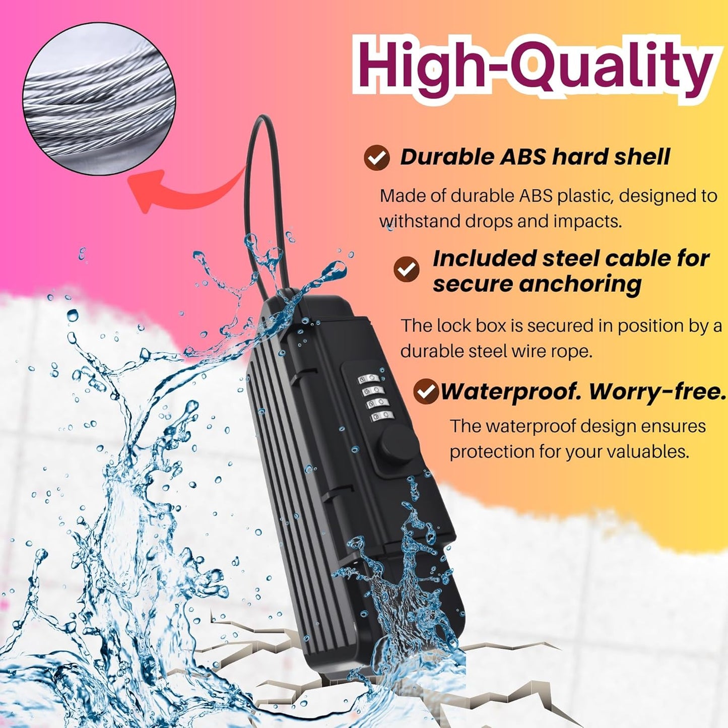 Portable Security Lock Box with Combination Lock, Waterproof Mini Safe Box with Cable, Travel Storage Case for Hotel, Car, Office