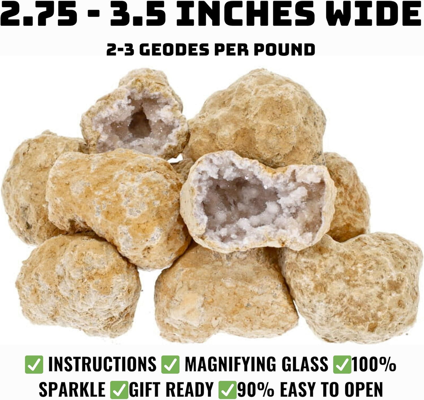 Break Your Own Geode Kit β 10 Natural Geodes 2.75 to 3.5 Inch Crack-Open Experience + Easy to Open + Tools + Geologist Guide β Less Effort for Easy Reveal β STEM Activity + Collectable Gems - Large