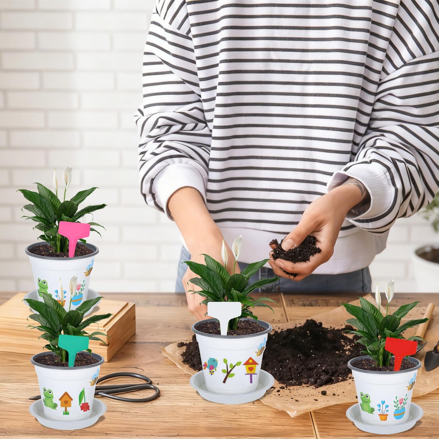 Zoketriton Garden Flower Pot Craft Kit, 48 Paintable Durable Resin Garden Pot with Tray Drainage Holes Adhesive Stickers and Plant Labels, Flower Plant Craft for Classroom Home DIY Flower Planting