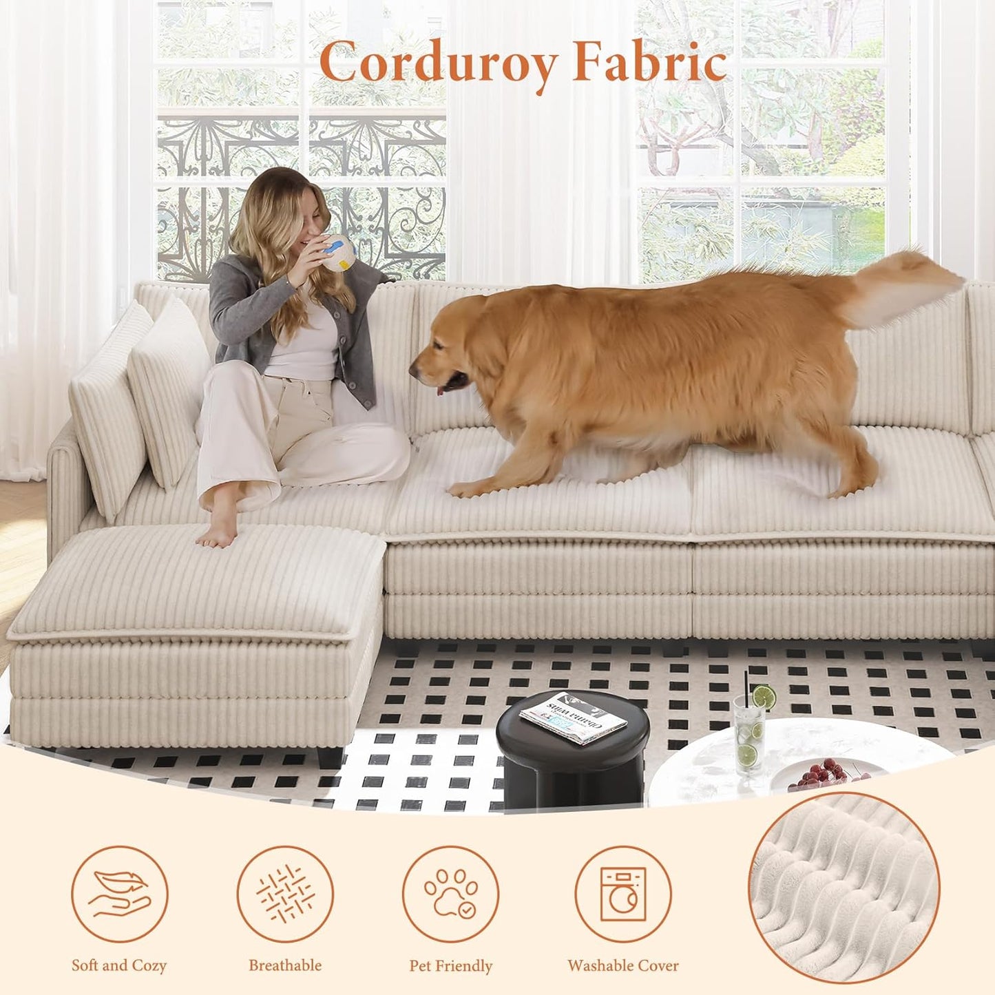Vesgantti 143" L Shaped Modular Sectional Sofa, Comfy Corduroy Upholstered Modular Sectional Couches for Living Room, Modern Cloud Couch with Ottoman Deep Seat, Beige