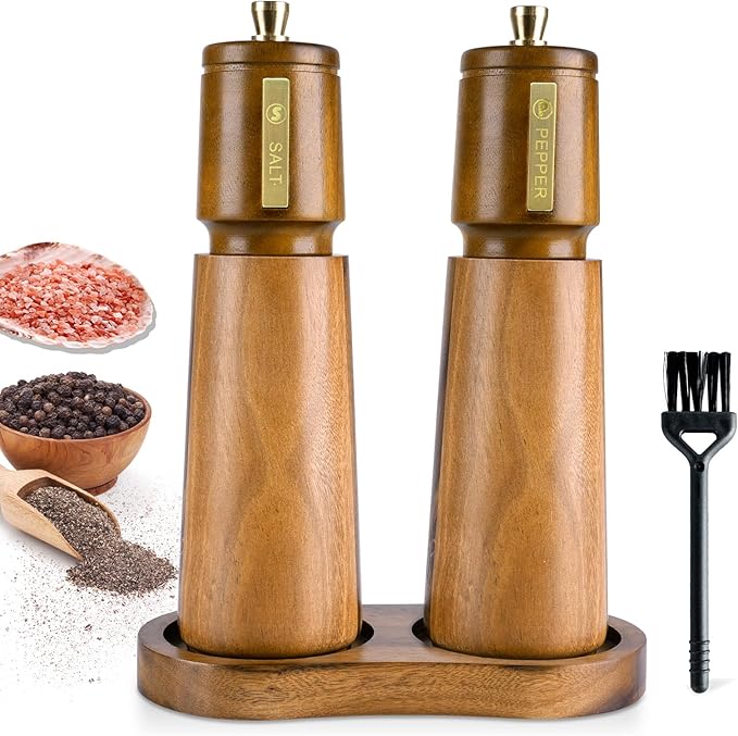 Acacia Wood Salt and Pepper Grinder Set with Base and Cleaning Brush, Wooden Pepper Mills with Adjustable Coarseness for Kitchen and Dining, Durable Manual Salt Grinder for Cooking