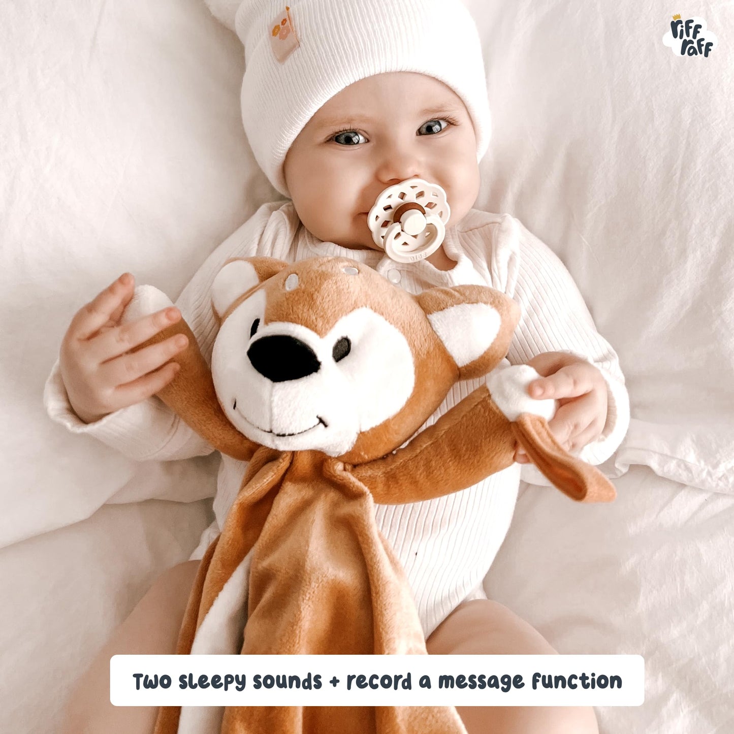 Riff Raff Bear and Fawn Sleep Soother Sleep Aid Lullaby for Newborn/Baby 0+ Months, Portable White Noise Plush Sound Machine, Heartbeat & White Noise Plush, Stuffed Animals for Babies w/Velcro Strap