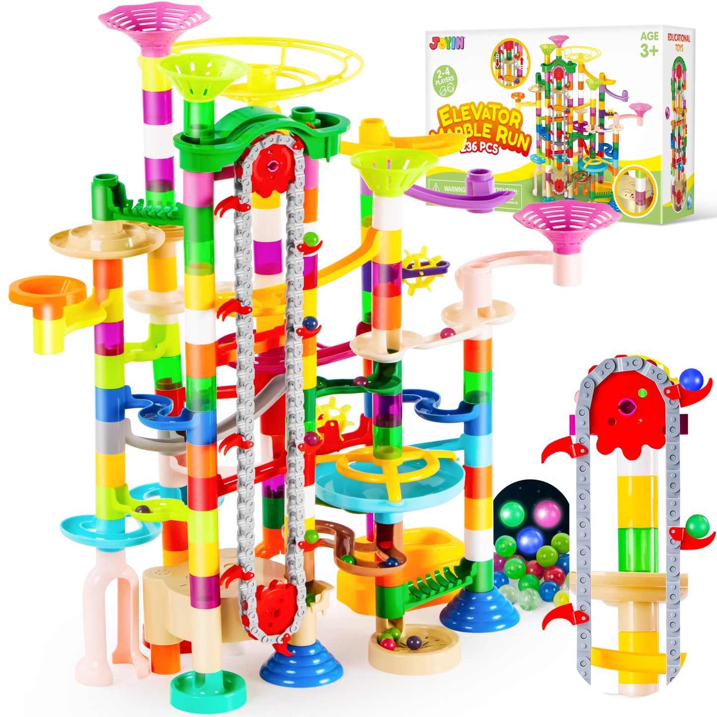 JOYIN 236Pcs Glowing Marble Run with Motorized Elevator- Construction Building Blocks Toys with 30 Glow in The Dark Plastic Marbles, STEM Toy for Boys and Girls, Birthday Gift, Easter Basket Stuffers
