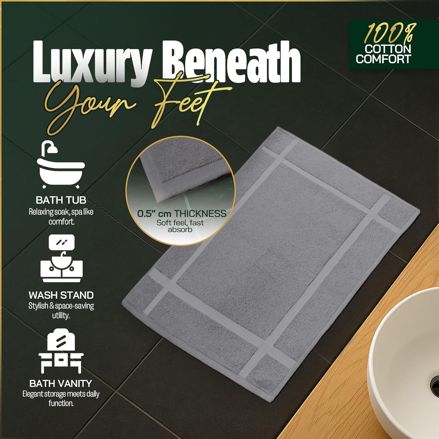 Pearl Linens Pack of 2 Washable Cotton Bath Mat 20x30 - Soft & Absorbent Quick Dry Bathroom Mat Set, Not Bathroom Rugs After Shower Mat, Terry Bath Tub Mat, 687 GSM Light Grey