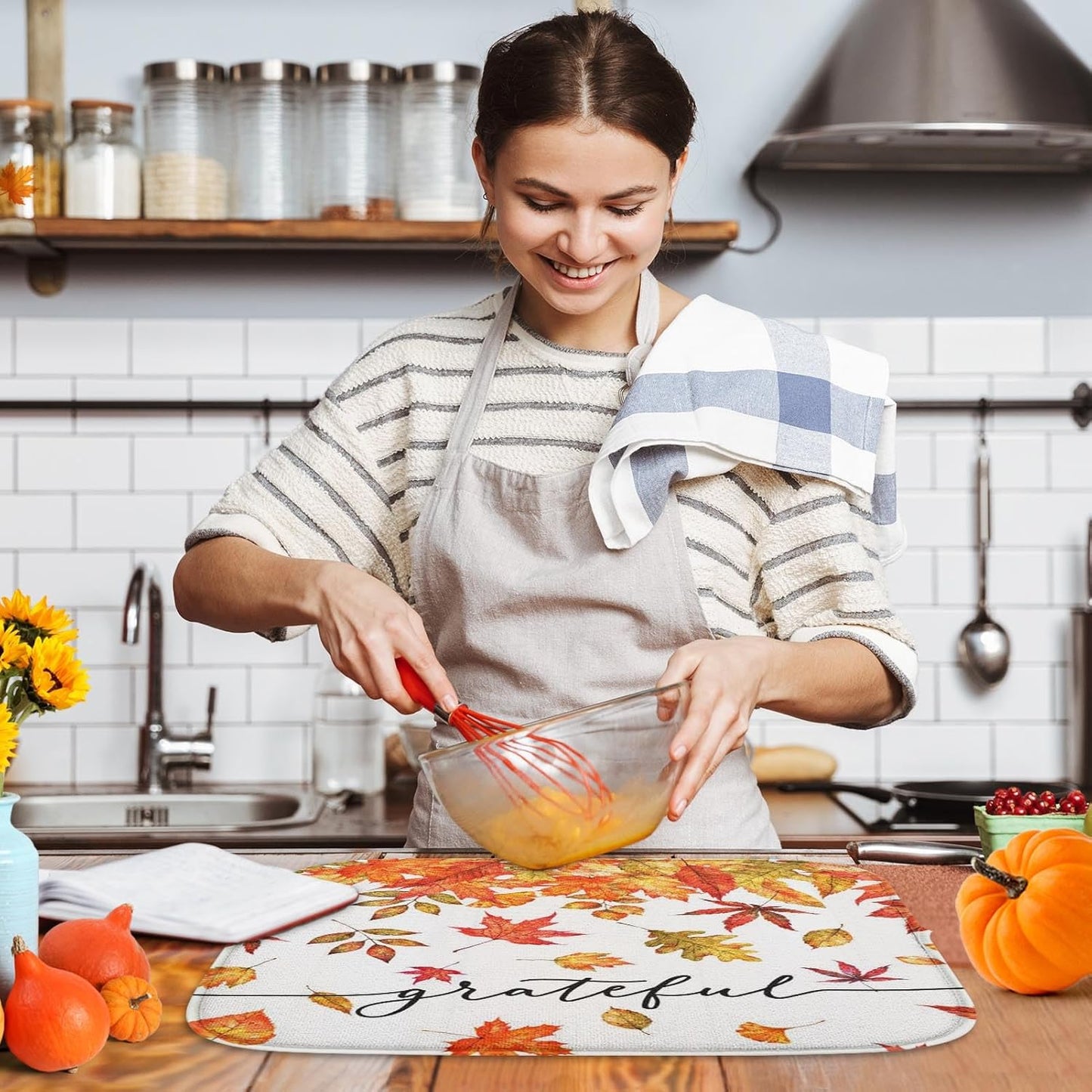 Sanwarm Absorbent Dish Drying Mat, Autumn Fall Leaves Microfiber Pad for Kitchen Counter, Thanksgiving Grateful for Coffee Bar Decor, Heat Resistant and Reversible, 18" x 24"