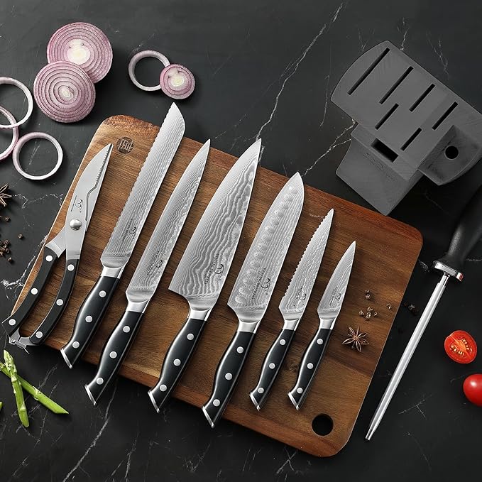 NANFANG BROTHERS Damascus Kitchen Knife Set with Block, 9 Pieces, ABS Ergonomic Handle, Knife Sharpener, Kitchen Shears
