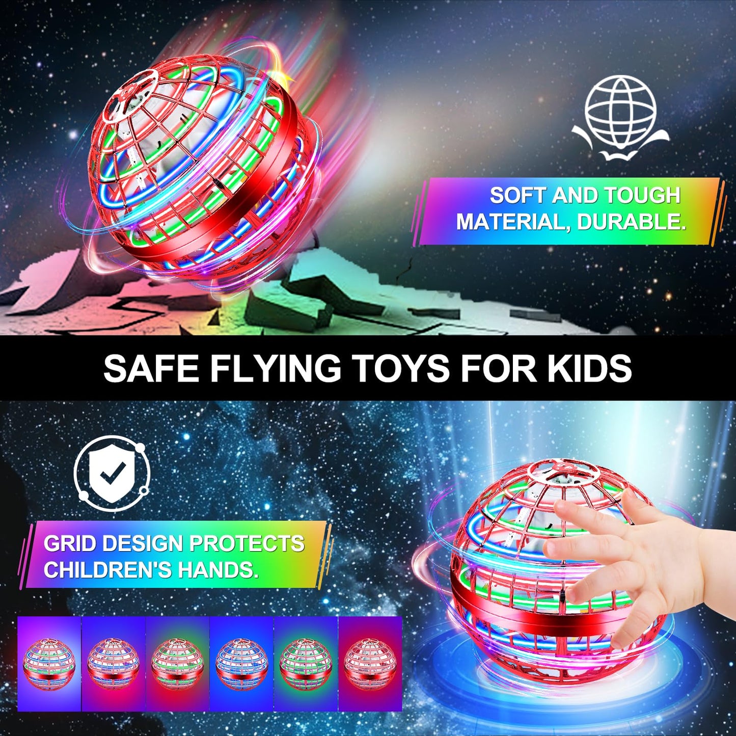 Vantexi Flying Orb Ball Toy,2025 Upgraded Parachute LED,Magic Hand Controlled Flying Gravity Ball,Cosmic Globe Boomerang,Cool Christmas Birthday Gift for 6 7 8 9 10+ Year Old Boys Girls-Red & Purple