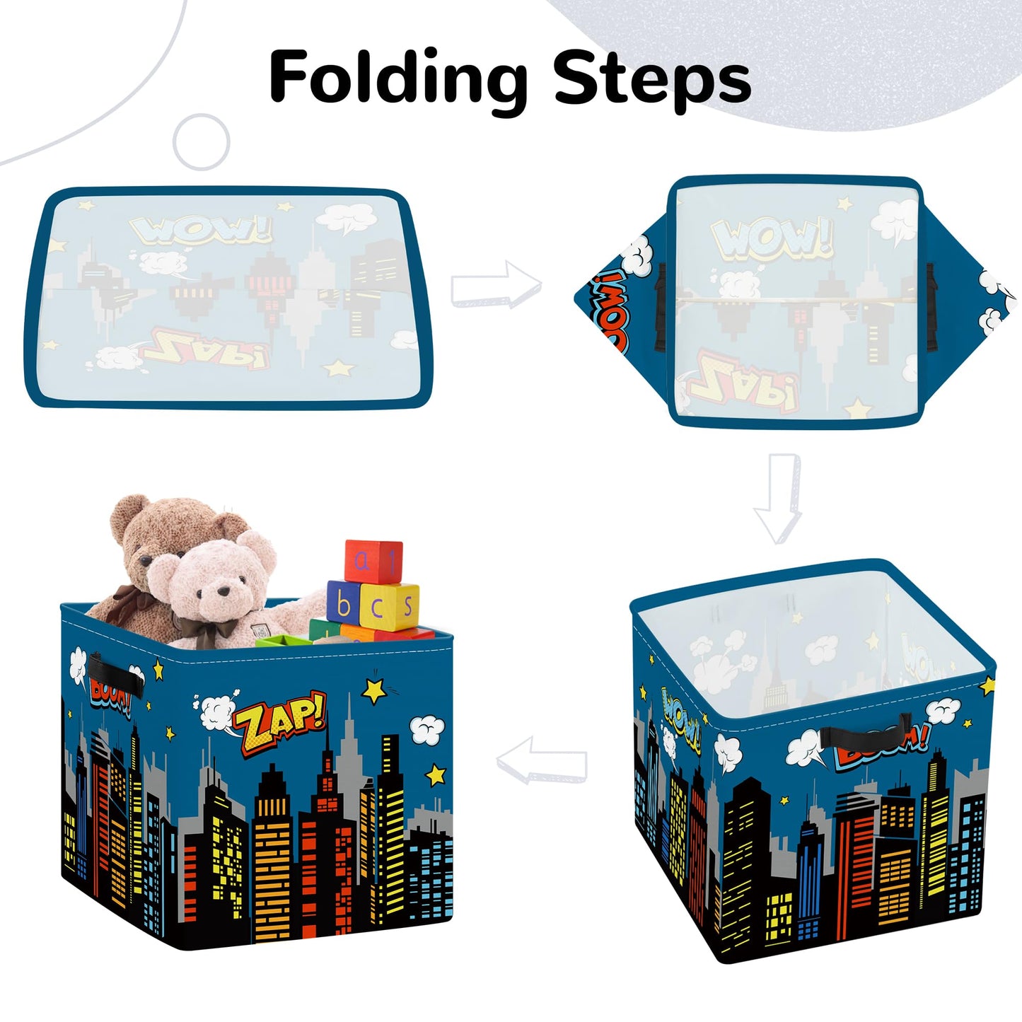 Clastyle Cityscape Hero Kid Storage Cube Organizer Set Skyline Building Silhouette Closet Clothes Cube Storage Bin Nursery Toddler Toy Box Chest Girl Boy Book Shelf Basket,Comic,11.8x11.8x11.8 in
