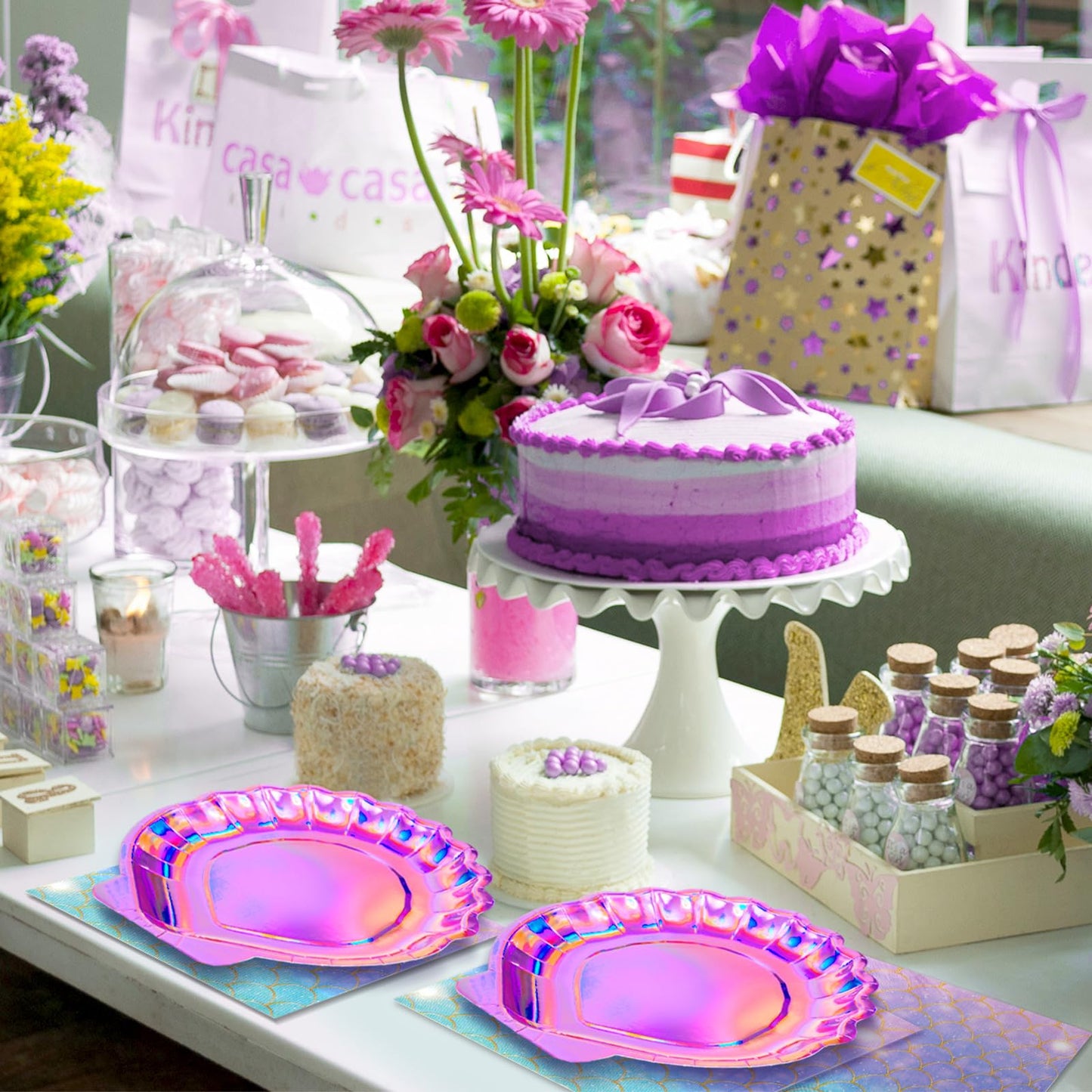 Gersoniel 40 Pcs Iridescent Pink Mermaid Party Supplies Set, 20 Clam Shell Plates and 20 Mermaid Scales Napkins Party Decorations Disposable Paper Plates and Napkins Seashell for Birthday(Shell)