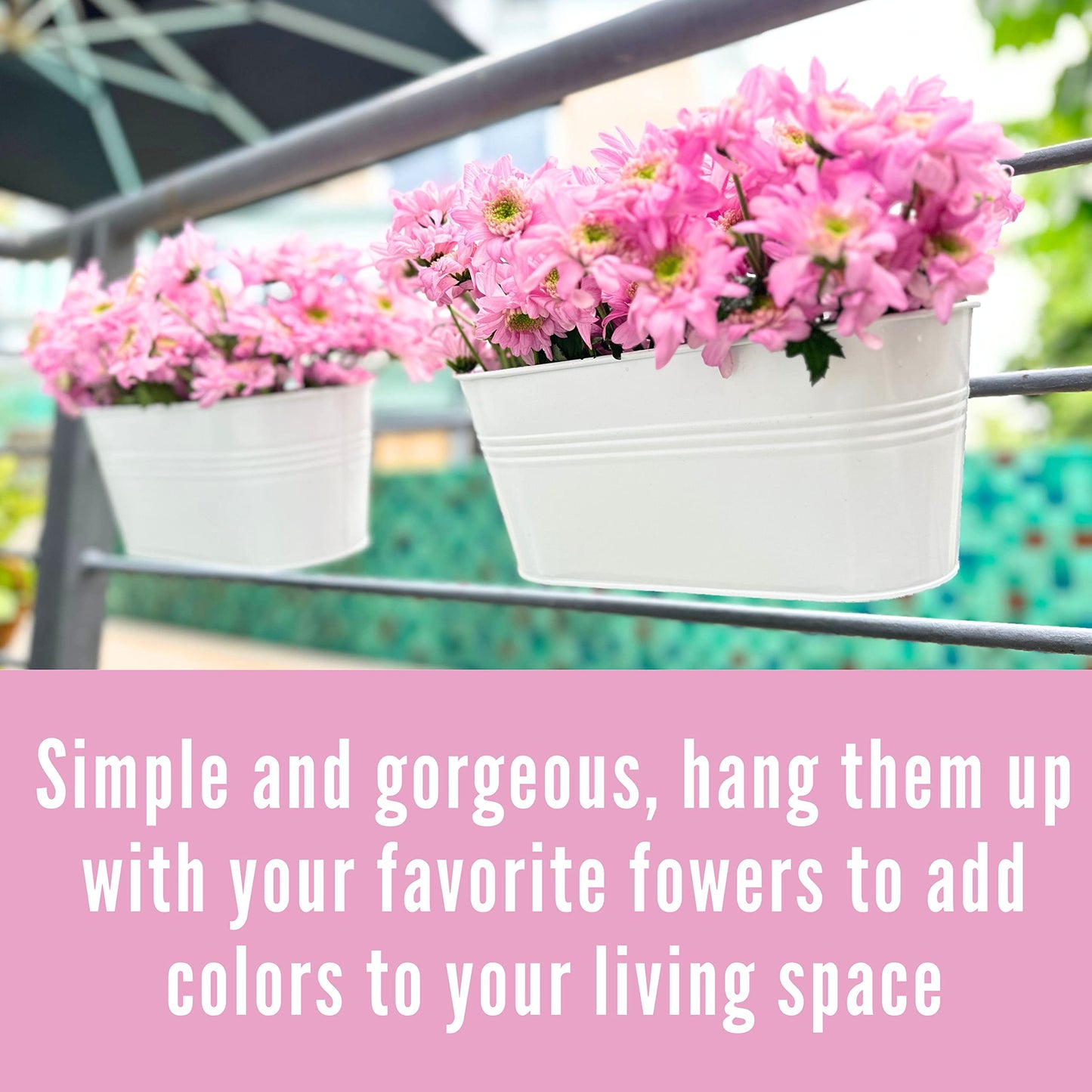 LaLaGreen Rail Planters for Outdoor (2 Pack, 11.2 Inch) White Metal Iron Hanging Flower Pots, Strawberry Planter Deck Railing Fence Bucket Wall Mount Window Box Plant Holder with Hooks Porch Decor