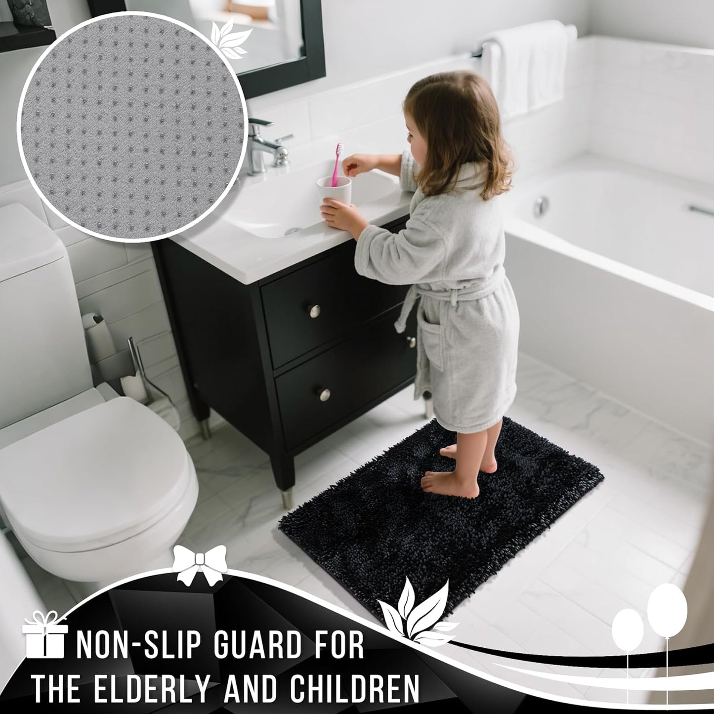 Yimobra Long Bathroom Rugs Runner 70x24 Inch, Extra Thick Soft Absorbent Chenille Bath Mat, Non Slip Machine Washable, Quick Dry Bath Rugs for Bathroom Floor, Tub and Shower, Black