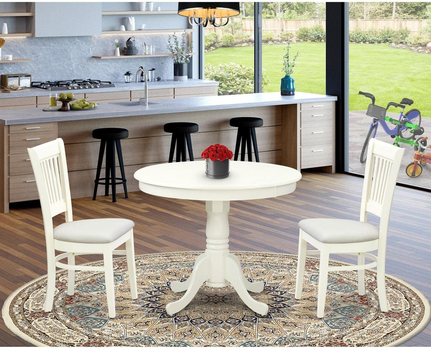 East West Furniture ANVA3-LWH-C 3 Piece Dining Table Set for Small Spaces Contains a Round Kitchen Table with Pedestal and 2 Linen Fabric Kitchen Dining Chairs, 36x36 Inch, Linen White