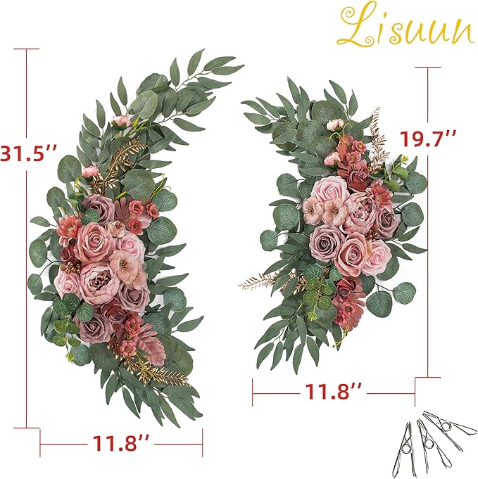 Wedding Arch Flowers, Artificial Floral Decor for Wedding Ceremony & Reception, Standard Size Large Flower Swag Set for Backdrop & Welcome Sign, Pack of 2 (Dusty & Blush)