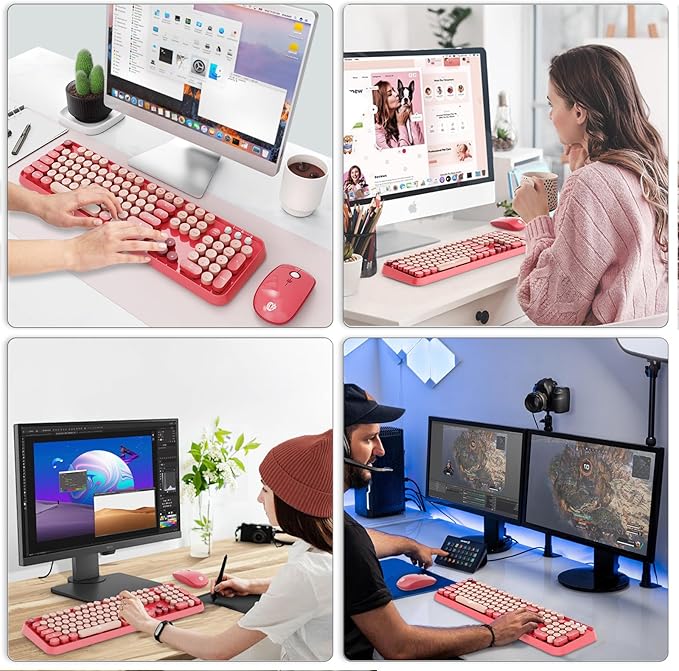 FD Wireless Keyboard and Mouse Combo | Cute Colorful Keyboard and Mouse with 2.4GHz Cordless Retro Typewriter Keyboard | Auto-Sleep | USB Receiver for Windows PC/Laptop - Pink Colorful